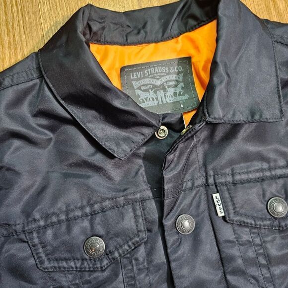 Levi's Bomber Jacket Quilted Synthetic Fill Kids Size 6 Black Orange Snap Button - Picture 3 of 8